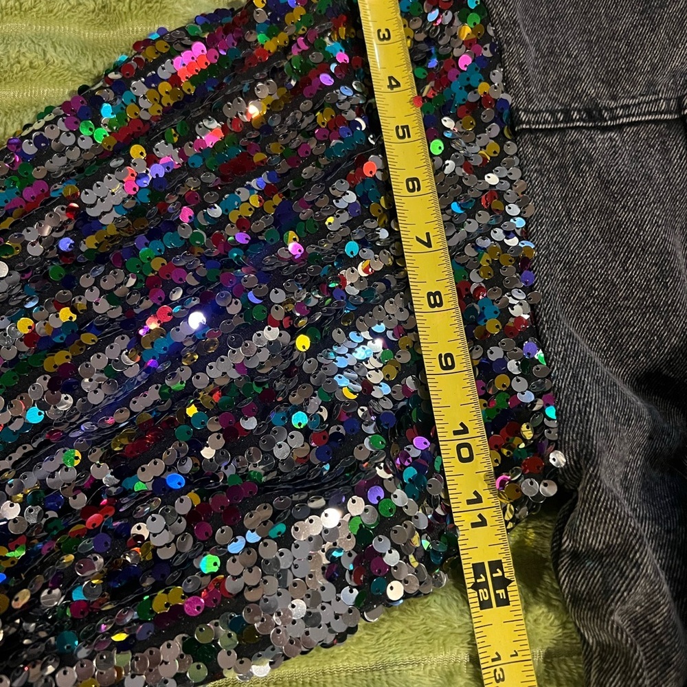 Flying Tomato Sequin Sleeve Denim Jacket Black L New Glam Festival - Picture 13 of 13